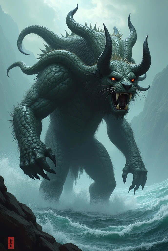A beast with seven heads and ten horns, similar to the leopard, with the feet of a bear and the head of a lion coming out of the sea