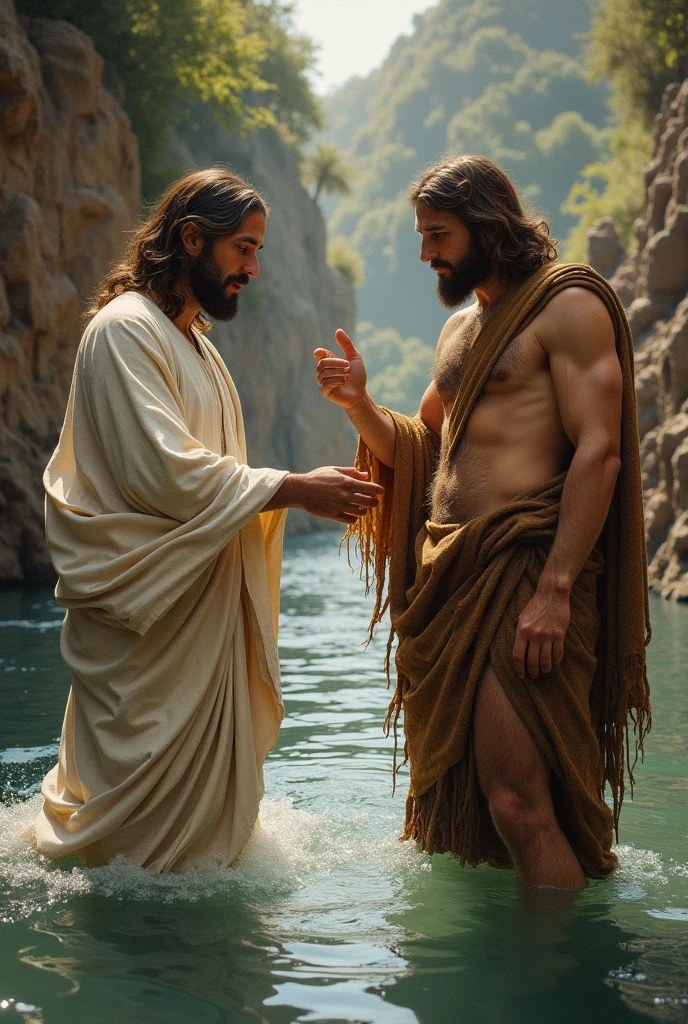 John the Baptist dressed in animal skin and Jesus dressed in white in the river baptized Jesus