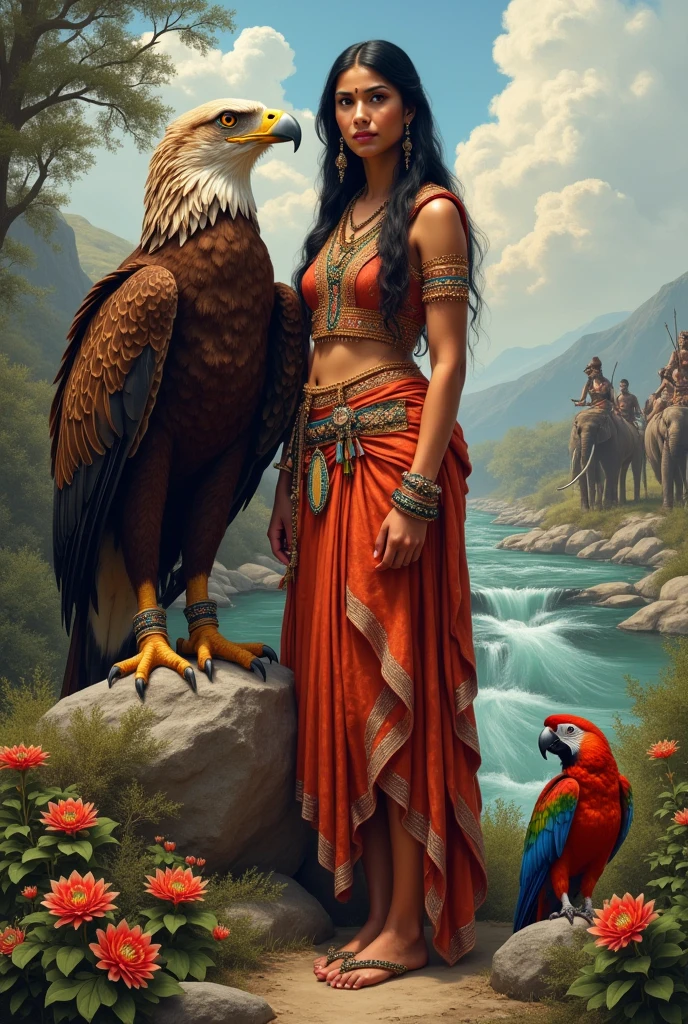 Indian realistic lady standing with a big size eagle s eagle read colour and elephant, flowers, river area , front side face, stand with many warrior