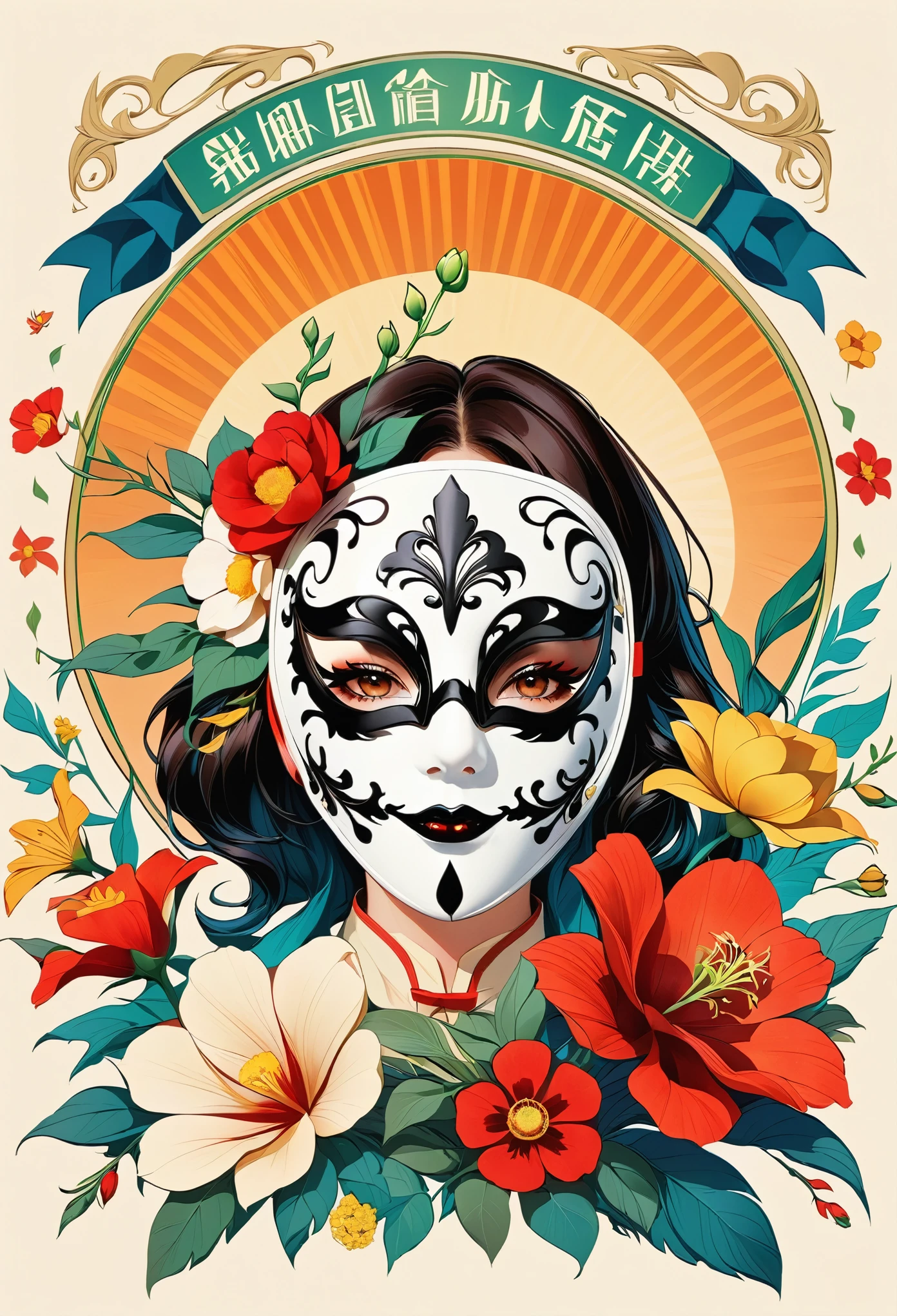 Line,黑色Line:1.5.黑色Line勾勒出轮廓,retro,logo design,illustrator,Masks full of flowers