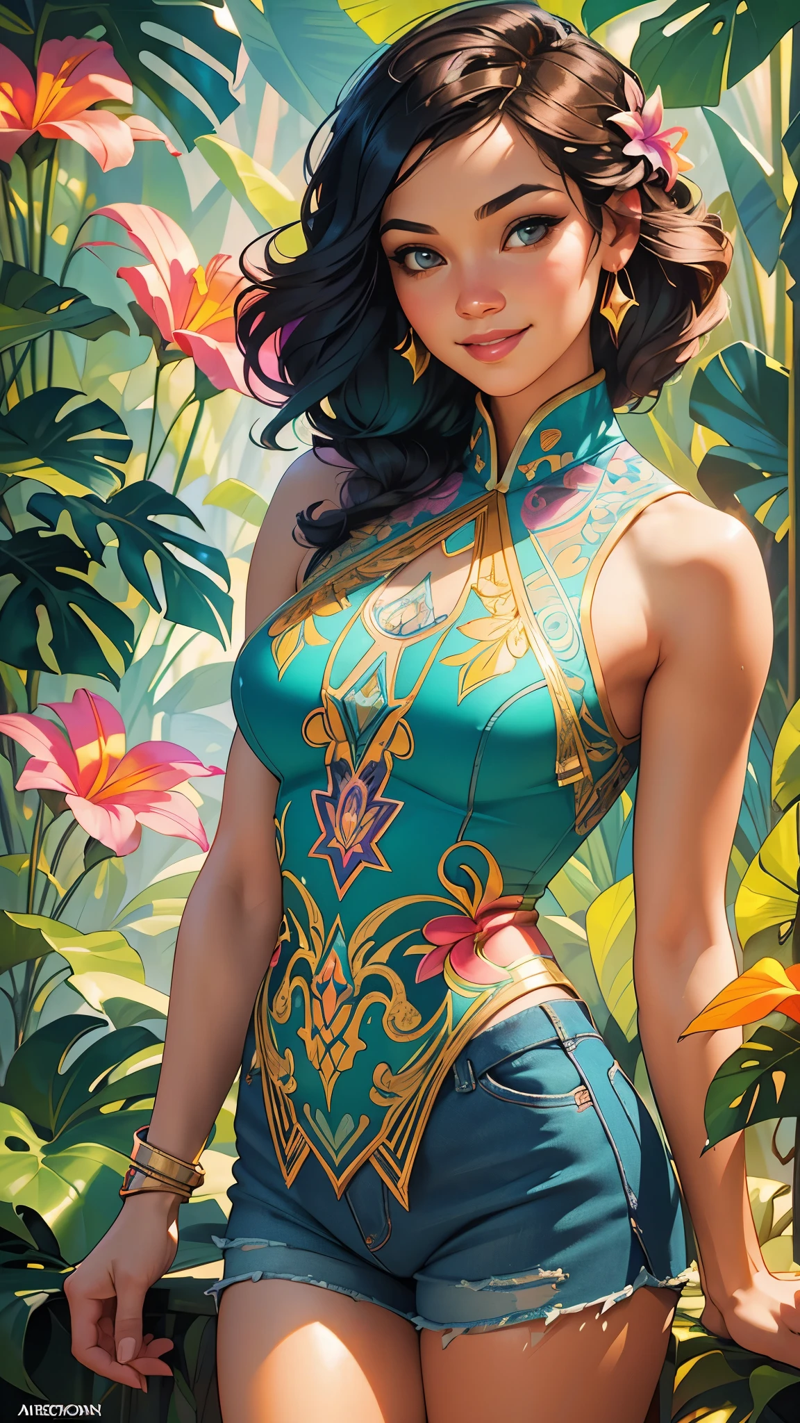 Vibrant art deco painting, upper body portrait. Thai woman wearing plumeria flower design t-shirt and jean shorts, smiling, surrounded by lush tropical foliage. Splash art, early 20th century art nouveau. Delicate, intricately detailed plumeria flowers in her hair, multicolored locks flowing. Soft, warm volumetric lighting and misty atmospheric effects, with golden hour glow. Dynamic, triadic colors, orange and teal prominent, deep blues and purples in background. High contrast, hyper detailed textures, 8k resolution, Adam Hughes meets Alphonse Mucha, glowing ambient occlusion, Unreal Engine 5, Art Deco, maximalist, cinematic, detailed, meticulously crafted, ornate, intricate, excessive detail.
