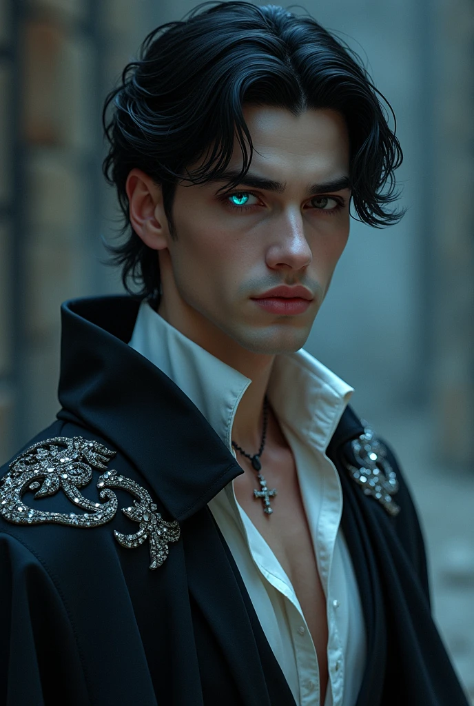A 30-year-old handsome man with black hair and pale Western-type skin, whose left eye has a cross in the pupil that burns with blue fire, and whose right eye is dark brown. He is dressed in a white shirt without buttons and has a black elegant cloak decorated with silver stones hanging on his shoulder.