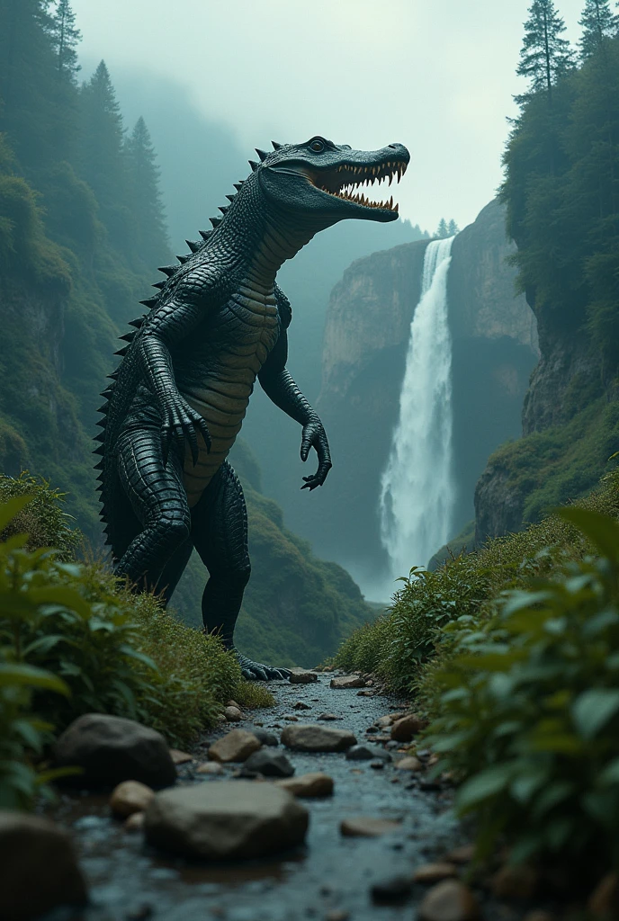 cinematic film still style ral-braynclz, a smile, An alien crocodile emerges from hiding on a mountain trail near a waterfall., surrounded by volumetric vapors that create an ethereal atmosphere (water effect). The creature stands in front of a lush forest as a backdrop under a dark sky., Showcasing intricate details reminiscent of James Stokoe&#39;s artwork in 8K UHD resolution. . shallow depth of field, vignette, Very detailed, high budget, bokeh, cinemascope, moody, epic, gorgeous, film grain, grainy,
INFO
