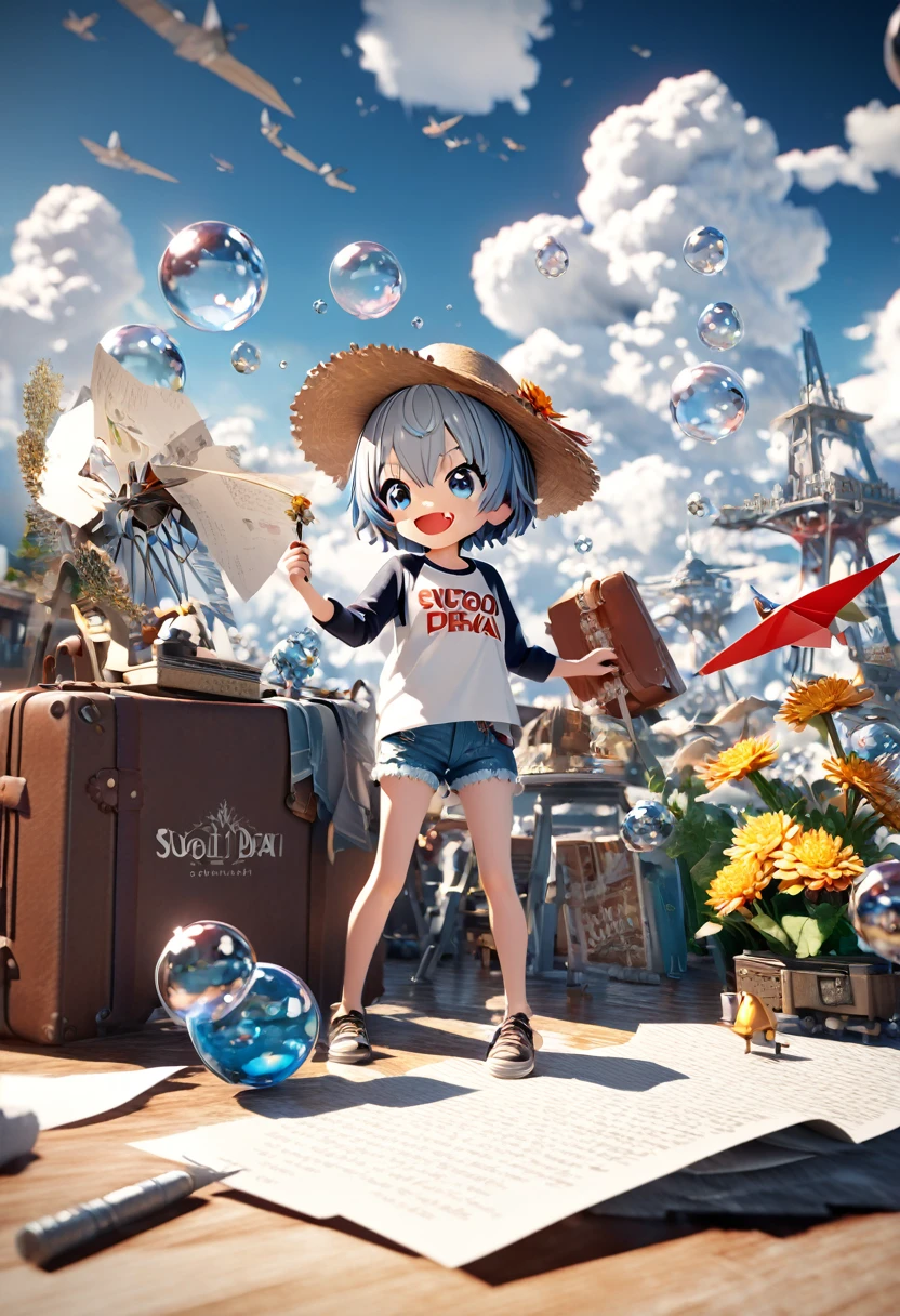 There is a suitcase with a straw hat on top, clouds, atmosphere, leaves, chrysanthemums floating in the air, paper airplanes, (miniature: 1.2), 2.5d illustration, 3d rendering, 3d modeling, bubble matt, trend in behans 3d art, trend in behans 3d art, 3d illustration, 3d illustration, 3d illustration, commercial illustration, cinema 4d color rendering, 3d rendering stylization, stylized digital illustration, 3d stylized scene, stylized 3d rendering, uzaki hana, shirt, raglan sleeves, romaji text, clothes writing, long sleeves, denim shorts, pantyhose, fang, T-shirt,writting,T-shirt that says "Sugoi Dekai"