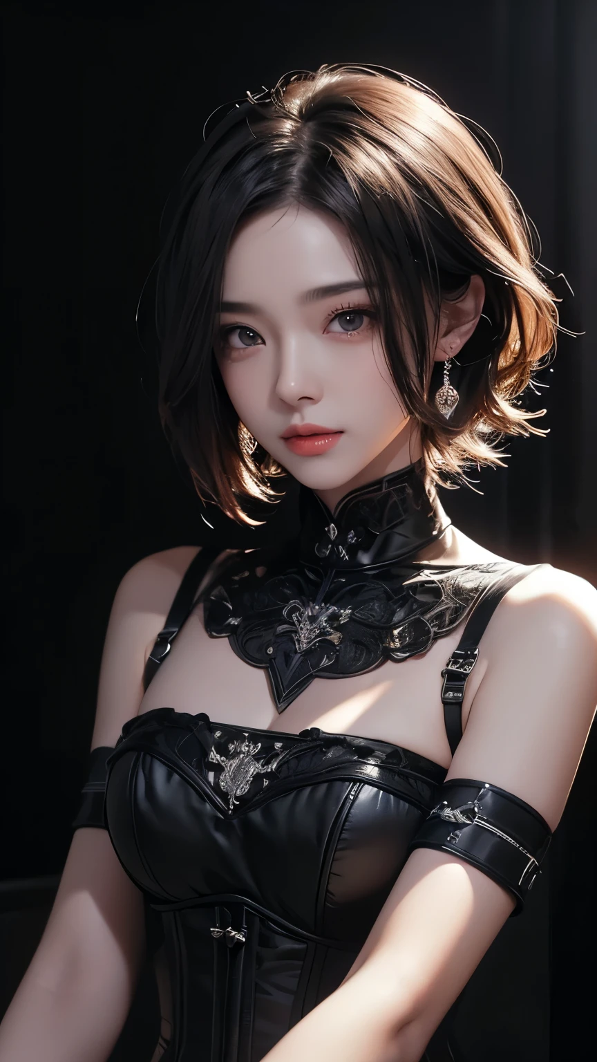 masterpiece, Highest quality, Very detailed, To the camera, 複雑に詳細なVery detailedな, Realistic, Sharp features, Very detailed, Sharp focus, Perfect Face, Perfect Face, Perfect symmetry and perfect eyes, Perfect Plump Lips, Flexible female form, Cinematic, Film Light, Very detailedな, hyper Realistic, masterpiece, Atmospheric, High resolution, Vibrant, Dynamic Studio Lighting, ((Dark Background)), The facial expression when feeling happy, handcuffs, BDSM, slave, Rubber, Red Corset, (赤いfirst round), ((Highest quality, 8k, masterpiece: 1.3)), Sharp focus: 1.2, Beautiful woman with perfect figure: 1.4, Slim Abs: 1.2, Wet body: 1.5, Very detailedな顔と肌の質感, Detailed eyes, double eyelid, Very short hair,((Sm嬢)),((m嬢)),handcuffs,first round,Red and black outfit
