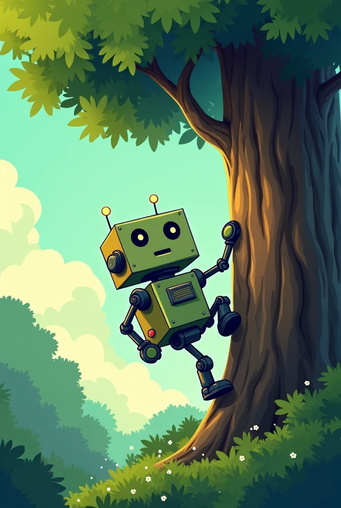 create a square cartoon robot climbing a tree
