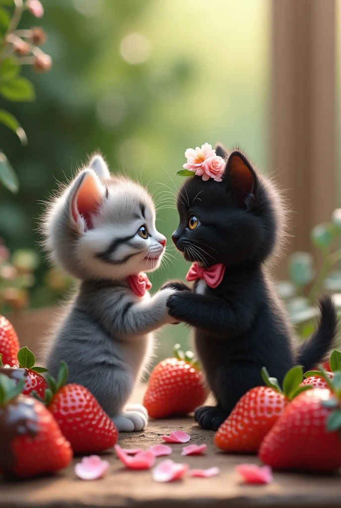 A gray kitten marries a black kitten, At the wedding there are lots of strawberries with chocolate