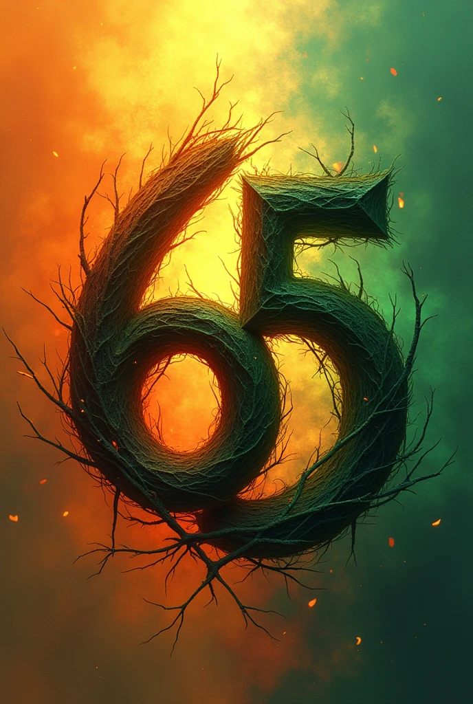 Draw the number 65 vertically with the number 6 above and the number 5 below., color array, creative, The main color tones are orange and green., nghệ thuật, entwined
