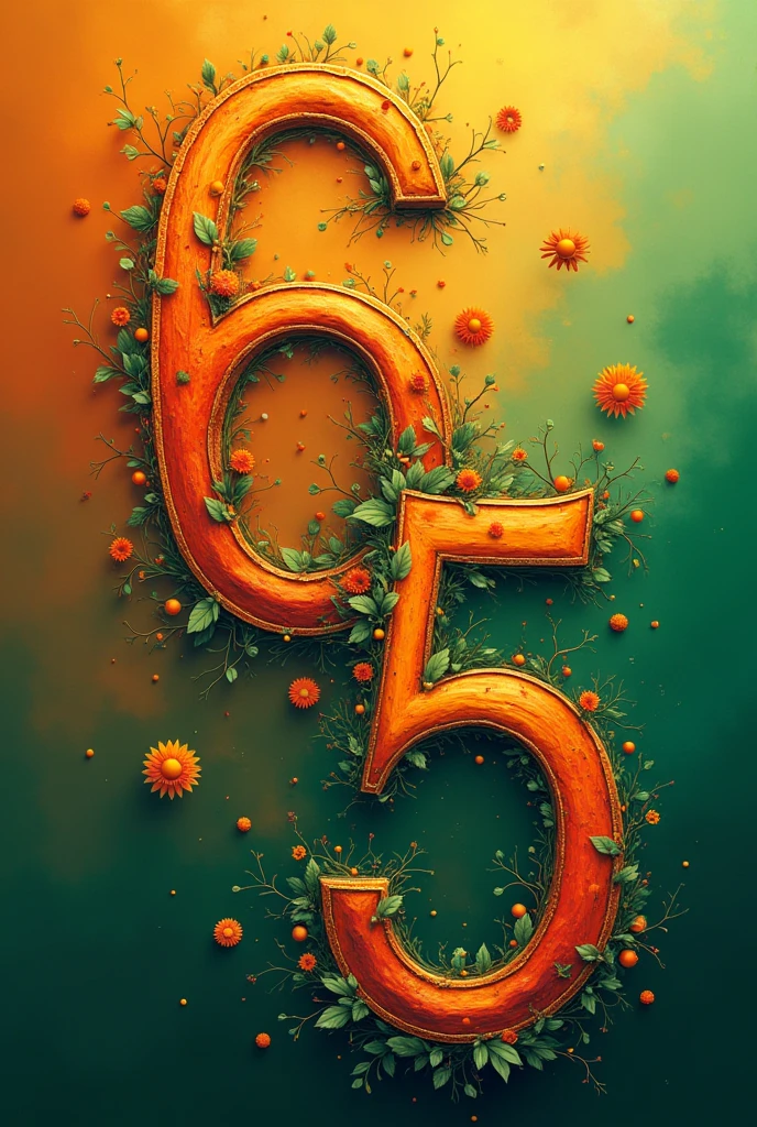 Draw the number 65 vertically with the number 6 above and the number 5 below., color array, creative, The main color tones are orange and green., nghệ thuật, entwined