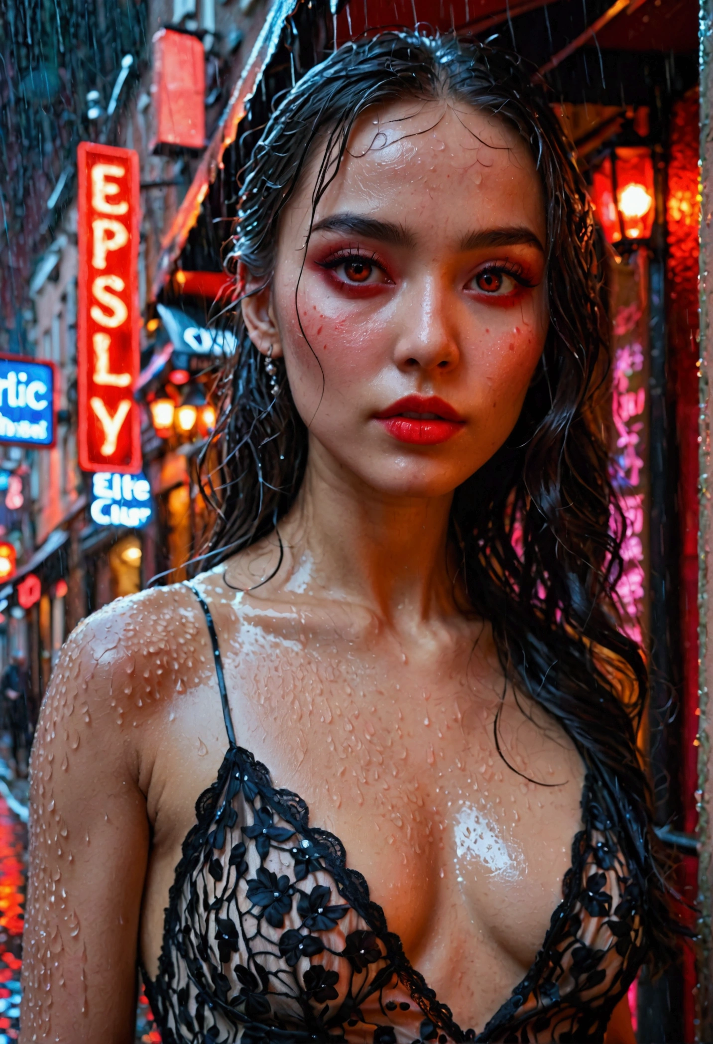 ((best qualityer, 8k, lace maxi dress, standing in the rain, red light district, Highly detailed texture of face and skin, detailedeyes, Double eyelids.)