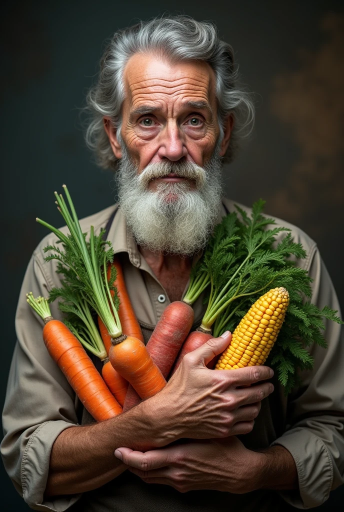 Very wide portrait, distant that shows the entire body of an elderly man with features worn by time.  In it you can see the man&#39;s feet and head..Your skin is wrinkled with age spots, deep lines around the eyes and mouth. He has clear and expressive eyes that convey wisdom and life experiences.. He sports a well-groomed white beard and neatly combed gray hair.. He was holding sweet potatoes, carrot and corn. 
