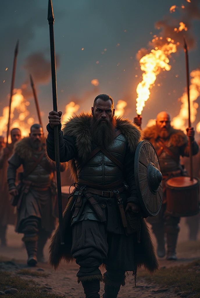 Vikings marching to war with drums singing, raising their weapons in the night with torches, in it, fire and in the background it says Damage & the black mantras
