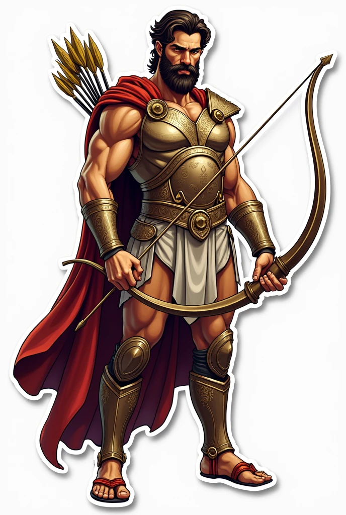 Apollo the god of sun wearing an armour and holding a bow and arrow and a lyre. Make him facing in front and his face a little fierce. No background, with bold outline, and sticker style. Make it just a half body. Make him holding the bow in his right hand, the lyre in his left hand, and the arrows at his back. Make the details a little simpler. Make him look like more "godlike" and wearing a cape. Where is the harp?