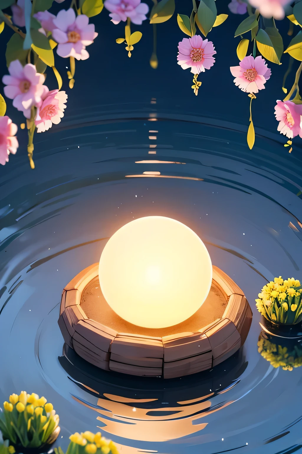 A glowing orb containing a tiny, detailed world, full of life and activity. spring, over a calm lake, its light reflecting on the water.