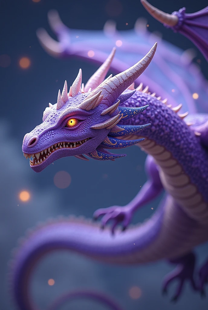 Purple and white wyvern dragon that is flying in the night and its amethyst inlays shine and its beaks are amethyst and have galactic details and in its eyes angel wings like a seraphine