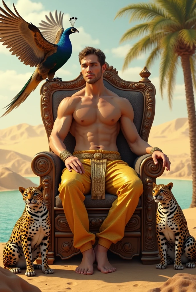 A handsome handsome man without a shirt, golden pants, skinny white skin in the desert with a falcon and two leopards sitting on a king's chair, desert palm tree behind a lake and a peacock