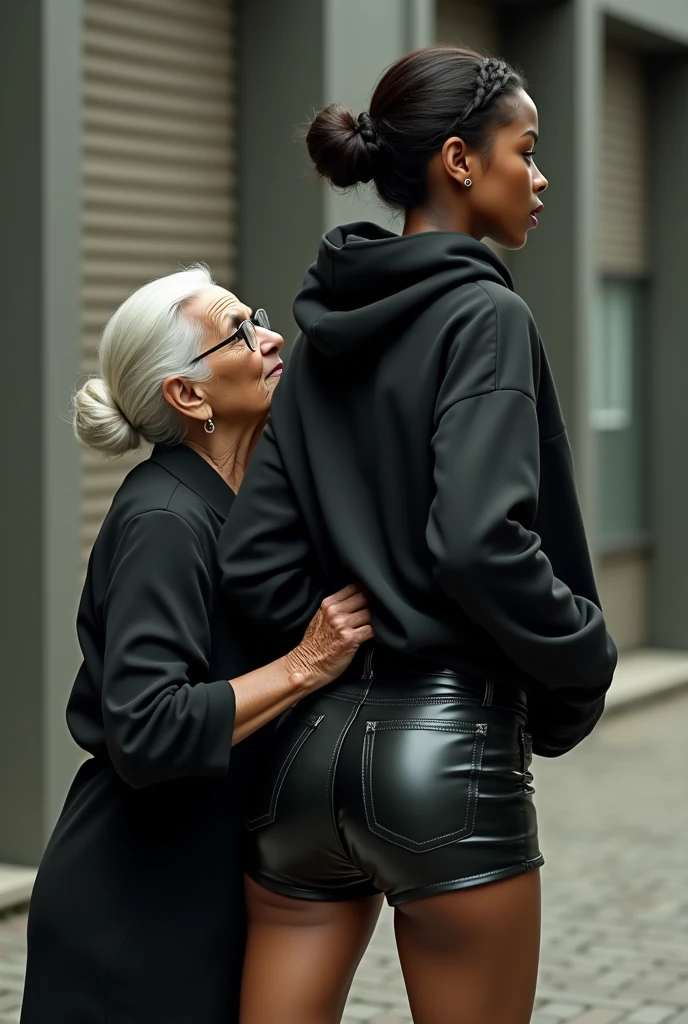 black woman hair in a bun black hoodie black leather short shorts rea;;y in shock as a old grandma in a dress on her knees kissing her ass behind her hand is in her ass holding her ass