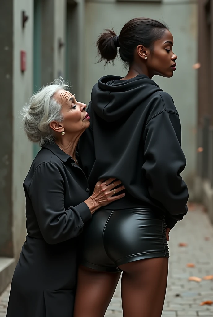 black woman hair in a bun black hoodie black leather short shorts rea;;y in shock as a old grandma in a dress on her knees kissing her ass behind her hand is in her ass holding her ass
