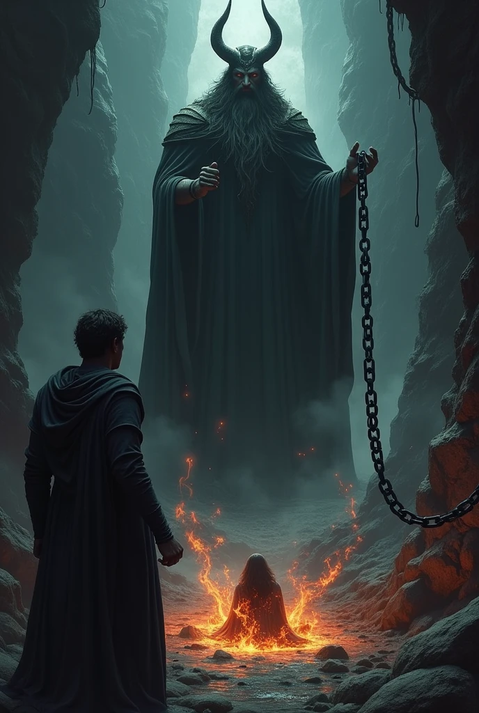 Theron is surrounded by shadows. He watches in horror as a soul is unfairly judged and dragged into the depths of Tartarus by black, flaming chains, while Hades watches impassively.