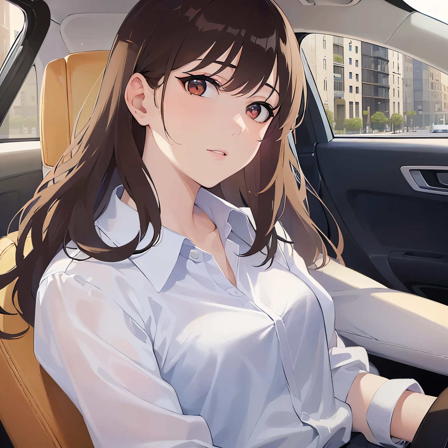 (looking at viewer:1.5),Upper Body, Side shot、Have a coffee、
Realistic, real person, (pale skin: 1.2), RAW photo, photorealistic, shiny skin, shiny hair、
(A 2 woman with medium-length hair and bangs) and (wavy hair) and (brown hair) and (orange eyes) ,
(white collared shirts)
Serious,
Passenger seat of a car、(alone:1.5)
