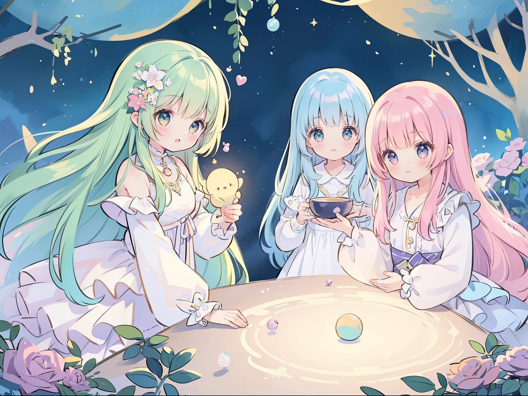 masterpiece, best quality, 8k resolution, sharp focus, intricate detail, beautiful 3girls, sparkling eyes, golden ratio face, otherworldly liquid, watercolor, pastel colors, bright colors, whimsical, colorful, sharp focus, high resolution, fine detail, ((layered tiered puffy long sleeves ballgown)), ((round eyes)), iridescent bubbles, fantasia background