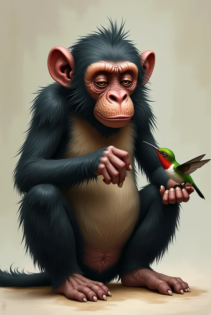 A very exhausted monkey, Hungry and thirsty, he asks a little hummingbird for help., The monkey is supposed to look uglier and more emaciated. The color of the monkey&#39;s hair is still black.