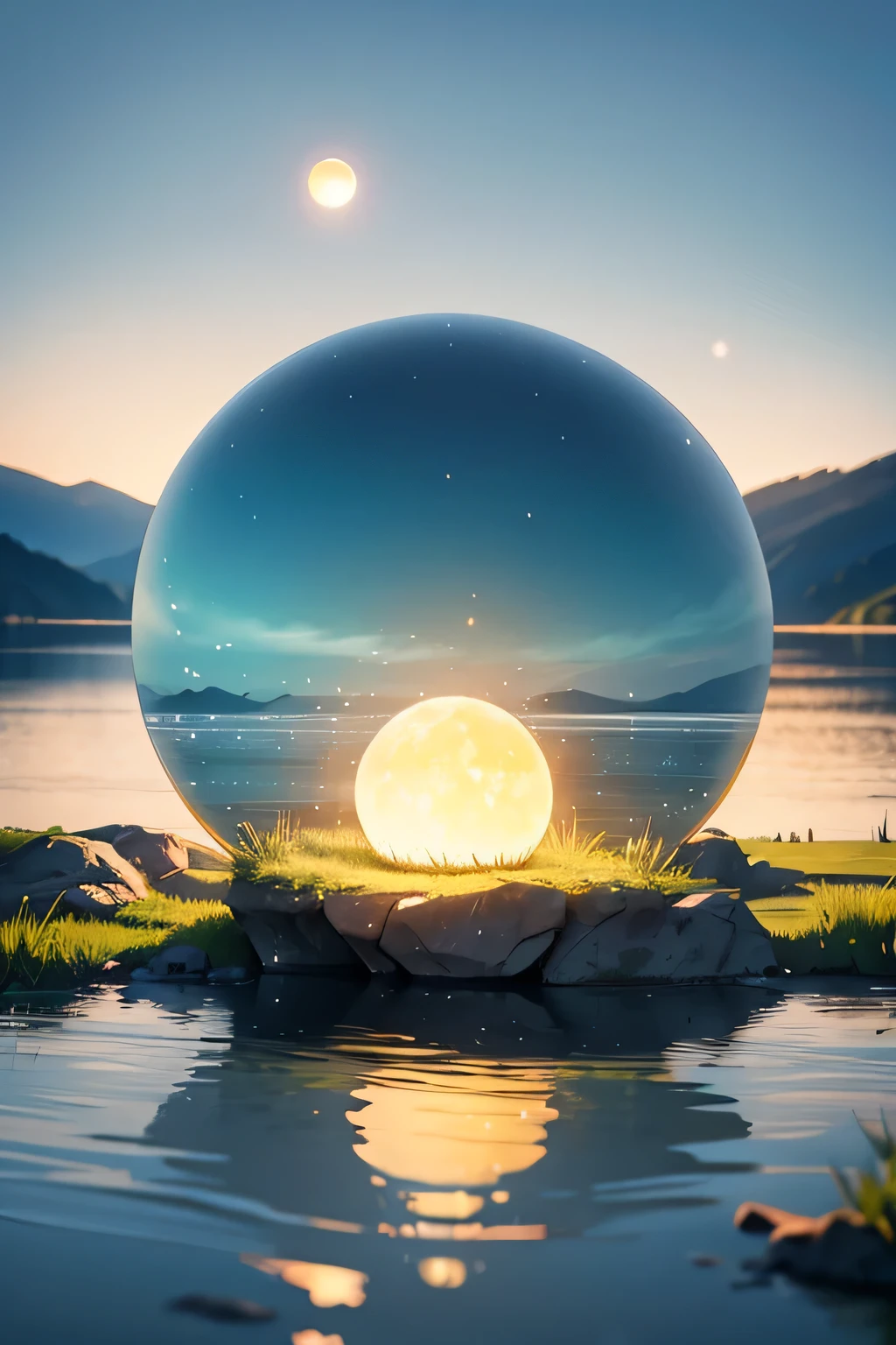 A glowing orb containing a tiny, detailed world, full of life and activity. spring, over a calm lake, its light reflecting on the water.