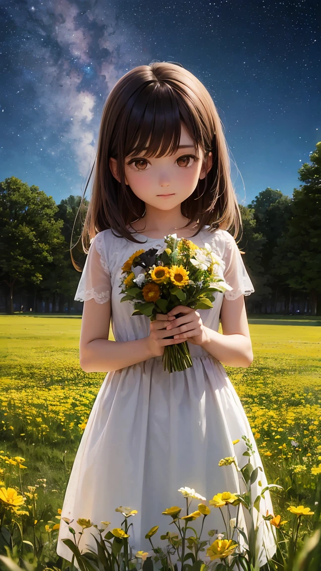 A girl on a meadow,Brown and black medium hair,Many stars shining in the wide sky,Shining Star,milky way,full moon,I look up and see,Wildflowers are in full bloom,Pure World,masterpiece,Highest quality,最高masterpiece,Detailed anime art,Digital Art,