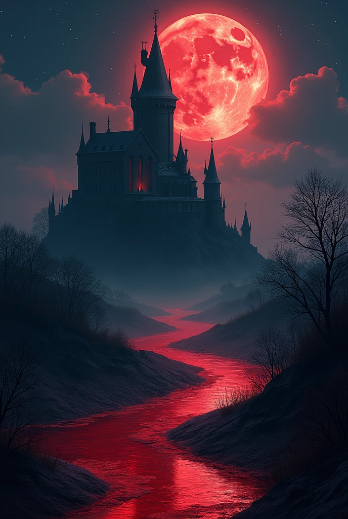 Create a background a black castle surrounded by a red river a dark sky and a full moon