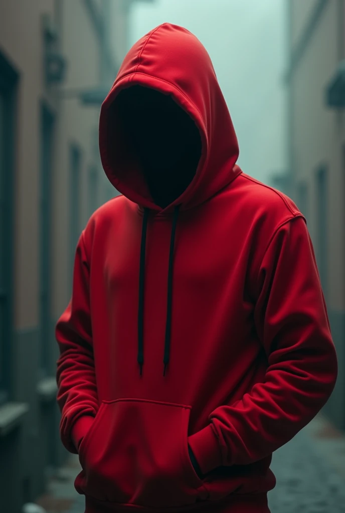 Man in red hoodie with face obscured