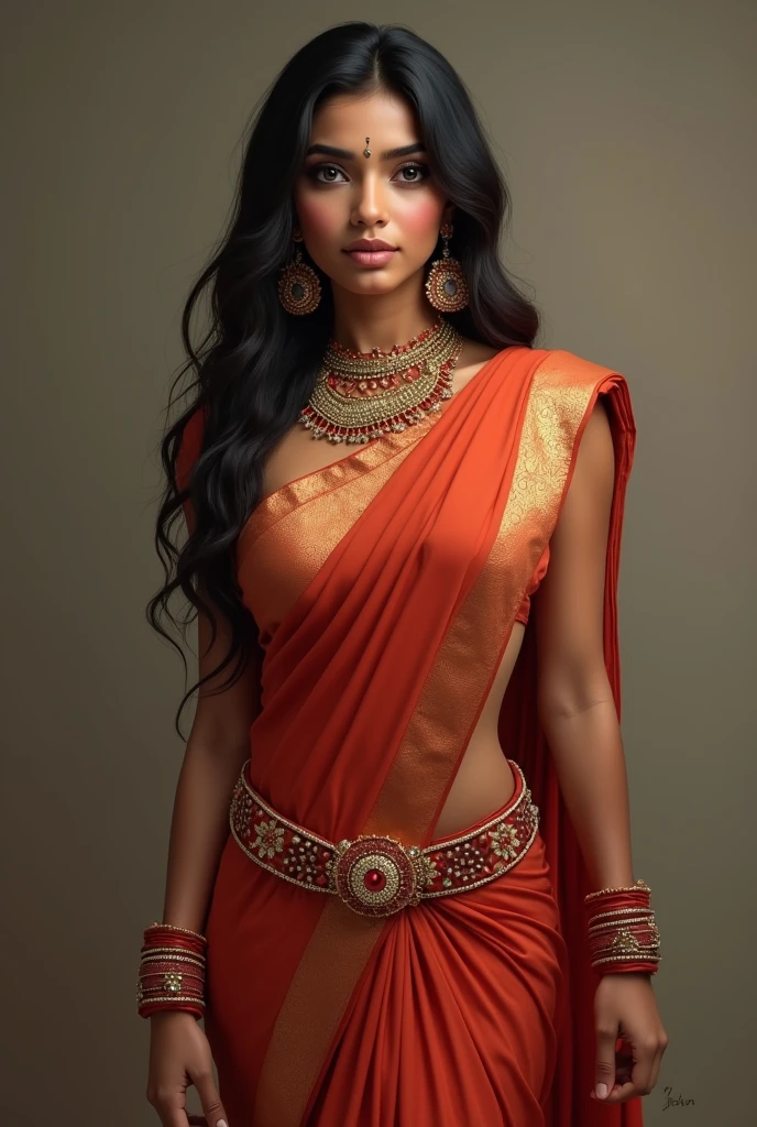 Image of realistic Indian girl wearing saree,big breast and lean weist, big butt, sharp nose, big eye, curvy physic, face front