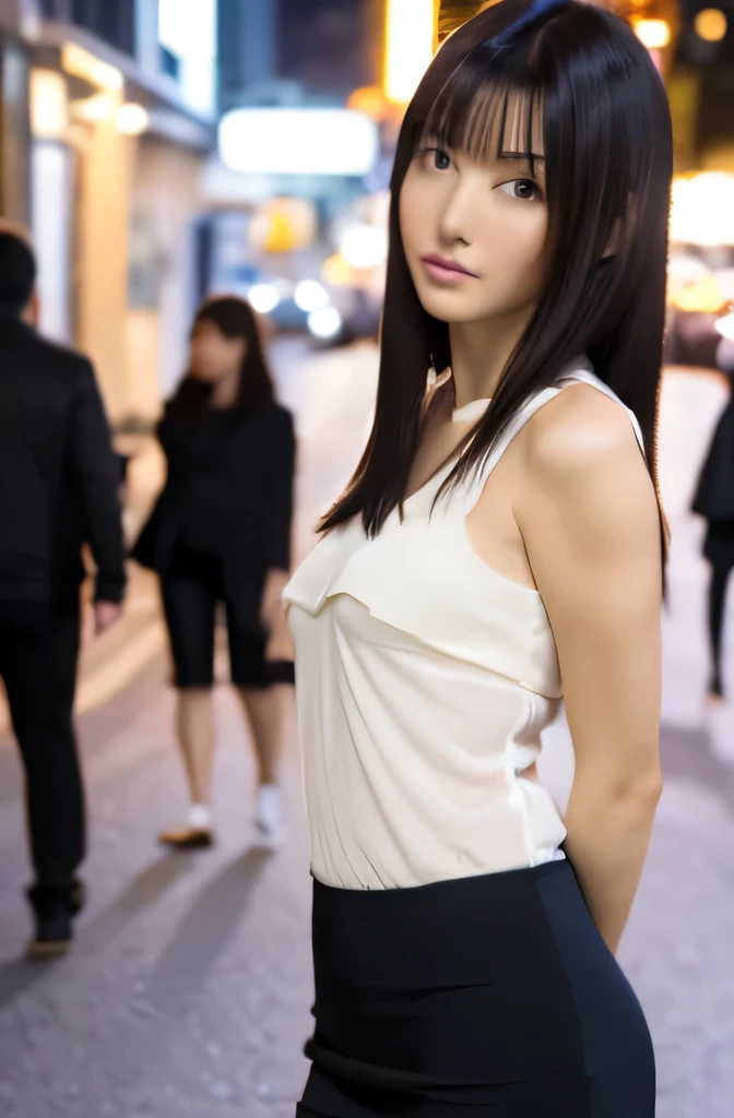 (((best quality))),1 female,slender face,(((arms behind))),(((cool beauty))),Black Hair,Brown Eyes,medium hair,straight hair,small breasts,looking at viewer,bed,2,No pubic hair,Height: 160cm,(full body),blouse,Standing in a busy street at night,mini skirt,Provocative look,bangs,Seductive expression