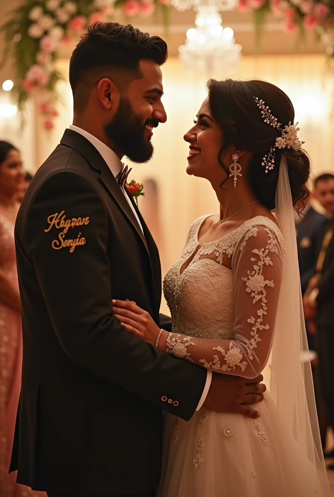 A new couple which meet first time on his marriage. Boy wearing a pant coat name Khizar written on it and Girl wearing a bridal Dress name Sonia written on it  