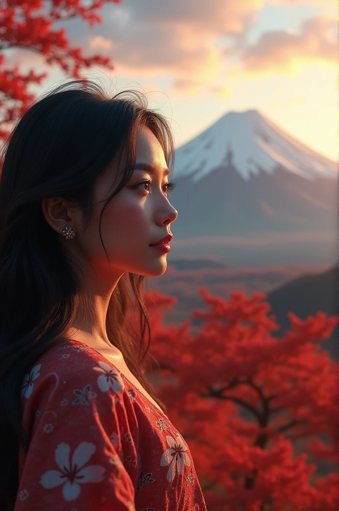a beautiful woman gazing at mt.fuji,1girl,beautiful detailed eyes,beautiful detailed lips,extremely detailed face,long eyelashes,photorealistic,hyperrealistic,4k,8k,masterpiece,(best quality,ultra-detailed,professional,vivid colors,bokeh),realistic portrait,dramatic lighting,golden hour,warm color palette,cinematic composition