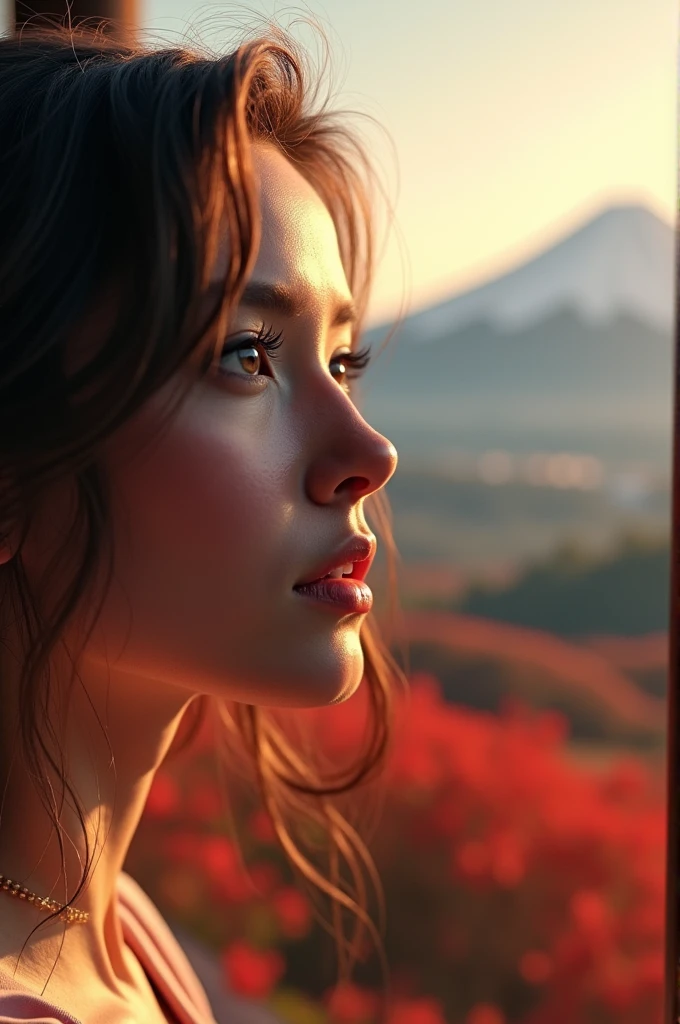 a beautiful woman gazing at mt.fuji,1girl,beautiful detailed eyes,beautiful detailed lips,extremely detailed face,long eyelashes,photorealistic,hyperrealistic,4k,8k,masterpiece,(best quality,ultra-detailed,professional,vivid colors,bokeh),realistic portrait,dramatic lighting,golden hour,warm color palette,cinematic composition