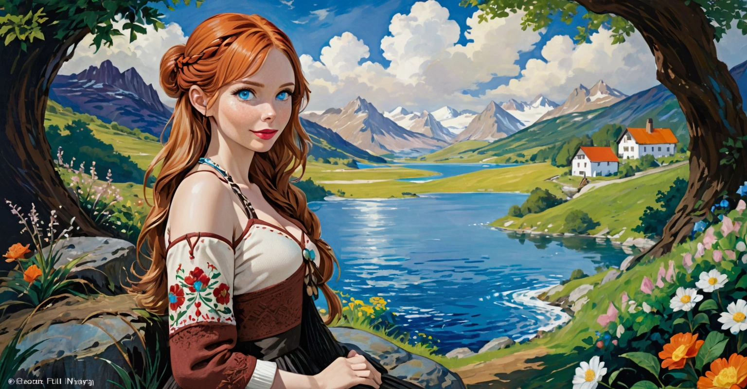 A Blonde Woman With Messy Hair, Pale Skin, & Red Lipstick On A Rock Overlooking A Mountain Valley & Alpine Lake. Wears A Dress With Woodcut Patterns, A Black Knee-Length Pleated Skirt With Blue Embroidery, & A Norwegian Sweater With Rosemaled Designs. Her Face Is Round With Full Features & A Wide Smile, Her Eyes Are Detailed And Wide, & She Poses Dynamically. Digital Painting Is In 4K Ultra HD, Rococo-Inspired Fantasy Art With Intricate Details. She Has A Cute, Charming Expression & A Alluring-Gaze, With Beautiful Blue Eyes & An-Ideal-Hourglass-Figure. Dawn Wells.