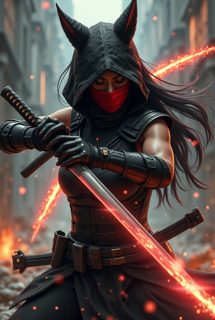 Japanese female assassin with long hair dressed in tactical sleeveless bodysuit, armor pads, kitsune mask, armed with a katana, she is fighting against an Irish flametrooper