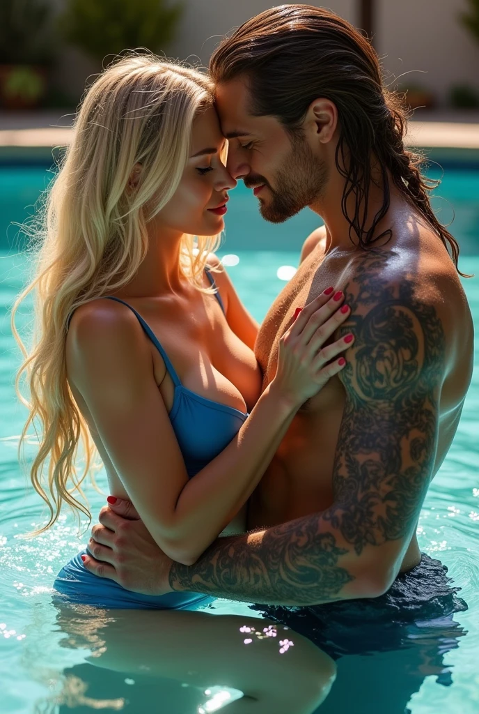 A woman young, blonde, long  hair, breasts big, hard, sunbathing in a blue bikini, swimming with a tattooed man holding her face. He is big and wears swimming trunks, has long, highlighted brown hair, with a braid.