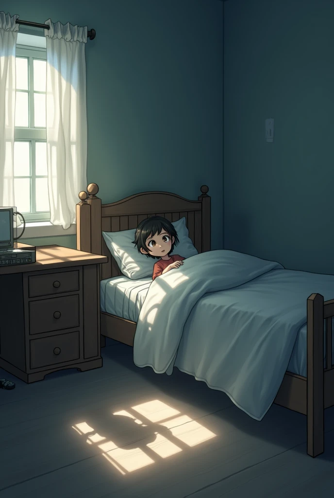 Girl in a bed in the early morning looking at a strange shadow next to a desk