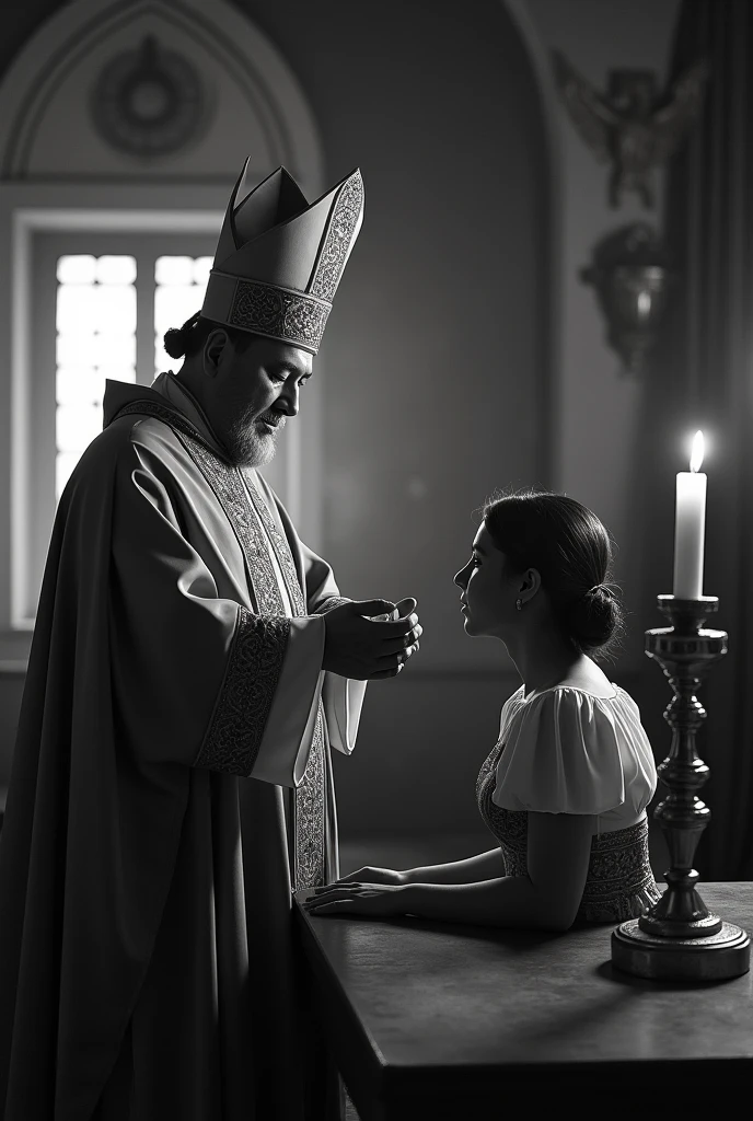 Create a photo from 1990 in a chapel in Mexico of a bishop giving the sacrament of confirmation to a woman