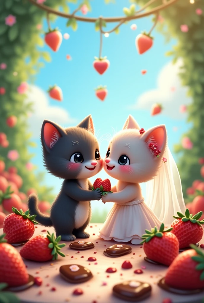 A gray kitten marries a black kitten, At the wedding there are lots of strawberries with chocolate, animated anime-like kittens