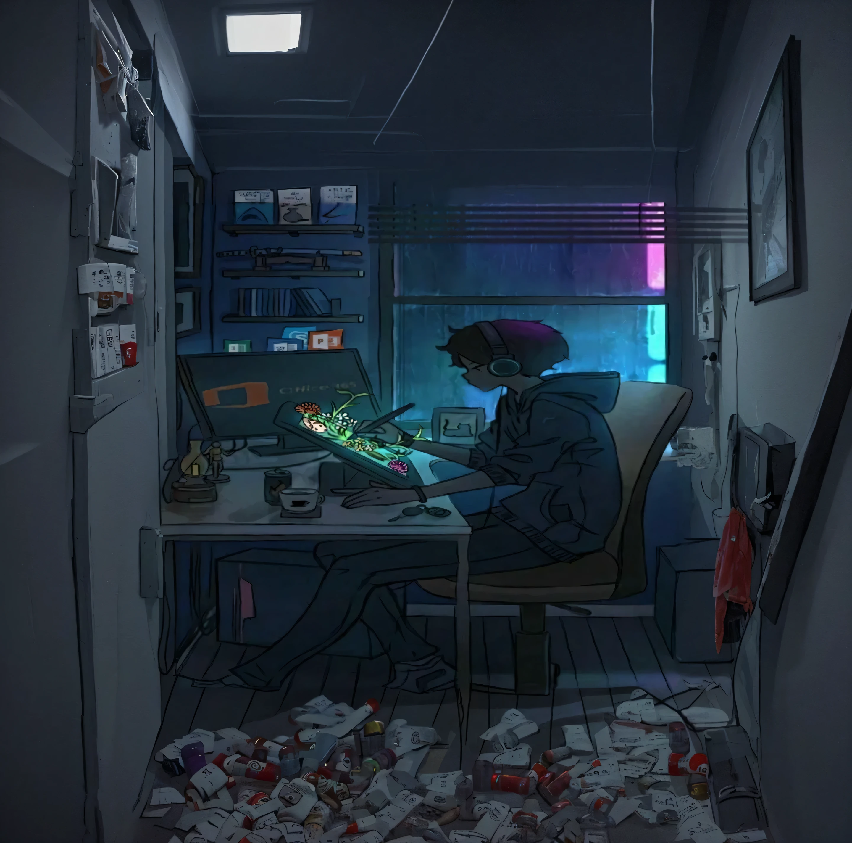 Cut the lights out of room, leaving a dark environment, beyond the window there should be a ominous alleyway with no lights beside a deep red light, the room should also have pill bottles scattered around the apartment.