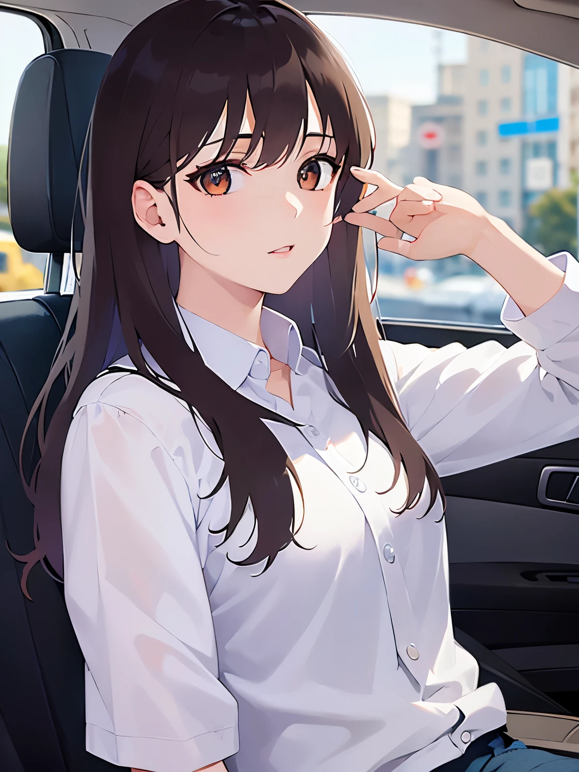 (looking at viewer:1.5),Upper Body, Side shot、Have a coffee、
Realistic, real person, (pale skin: 1.2), RAW photo, photorealistic, shiny skin, shiny hair、
(A 2 woman with medium-length hair and bangs) and (wavy hair) and (brown hair) and (orange eyes) ,
(white collared shirts)
Serious,
Passenger seat of a car、(alone:1.5)