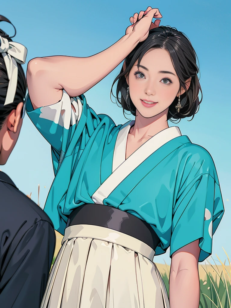 Double，Japanese Hairstyle，Photorealism，detailed，masterpiece，Little boys and little girls，child，Smile and hold hands，grassland，Blue sky，panoramic，Back to camera，Little，dwarf，Child，Boys and Girls，，
