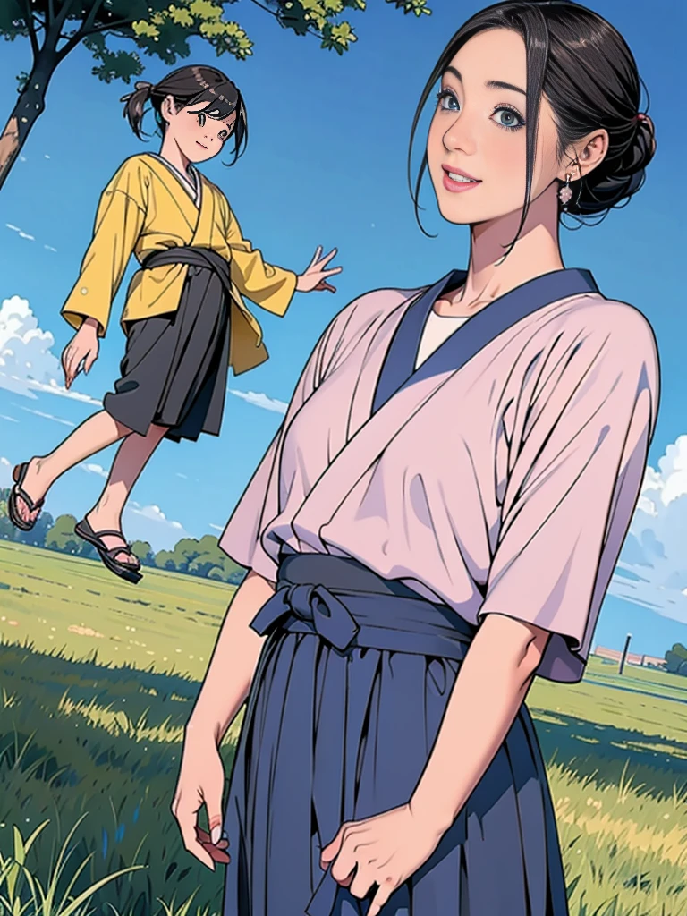 Double,Japanese Hairstyle,Photorealism,detailed,masterpiece,Little boys and little girls,child,Smile and hold hands,grassland,Blue sky,panoramic,Back to camera,Little,dwarf,Child,Boys and Girls,,