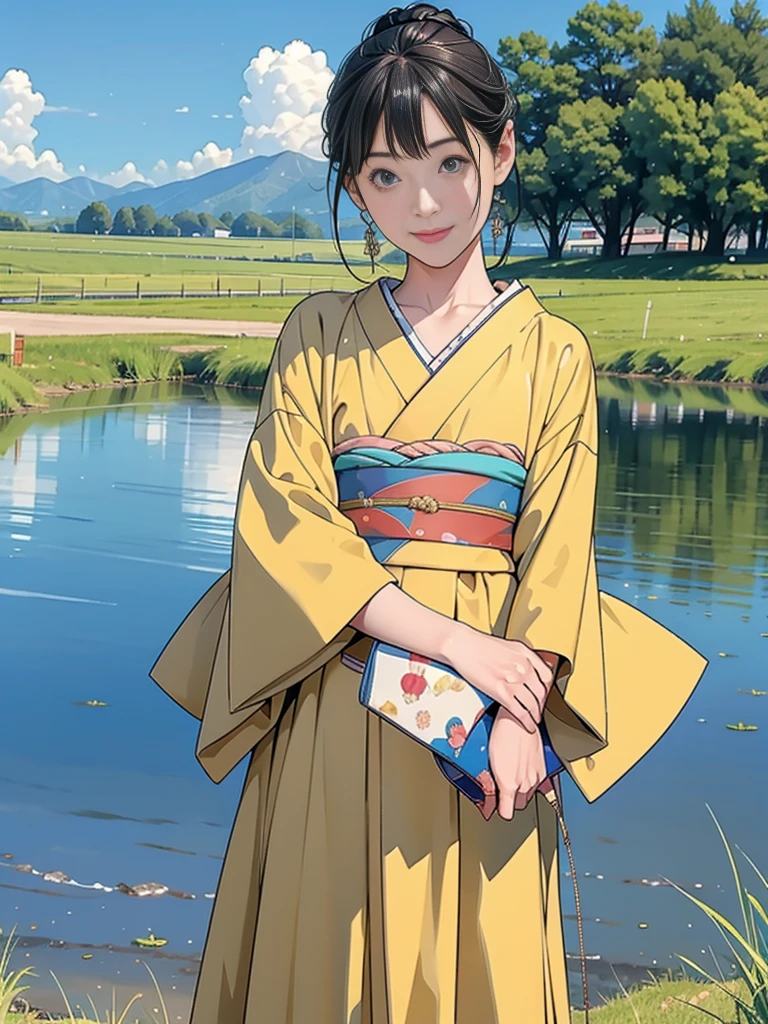 Double，Japanese Hairstyle，Photorealism，detailed，masterpiece，Little boys and little girls，child，Smile and hold hands，grassland，Blue sky，panoramic，Back to camera，Little，dwarf，Child，Boys and Girls，，
