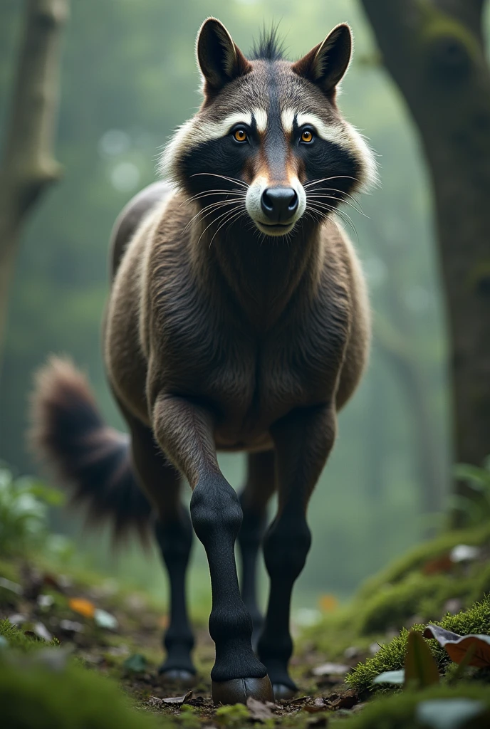 Horse-Raccoon Hybrid: fusion scary A unique blend with the elegant body and legs of a horse, but with the bushy tail and clever face of a raccoon. It roams a forest, its tail flicking playfully. . Ultra HD high resolution 4K 