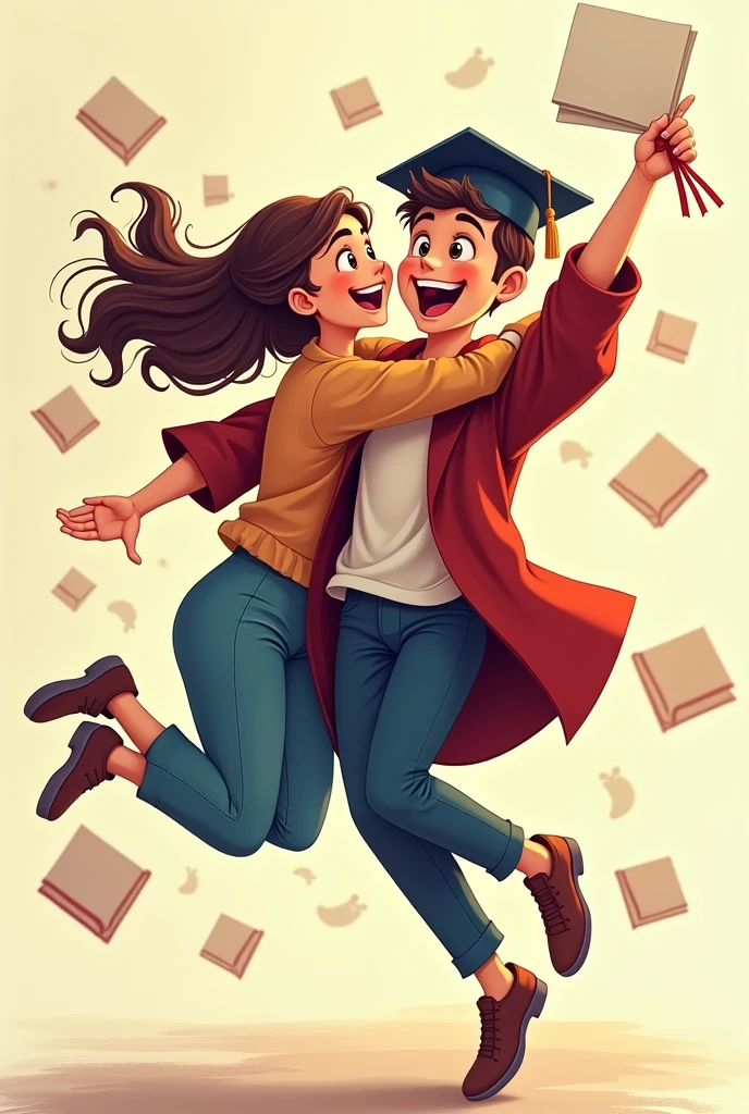 Cartoon of a mother jumping and hugging a young man in graduation gown raising his hand and holding his graduation certificate. They are looking forward. High-detailed drawing. Smeared lines and white hidden picture books.