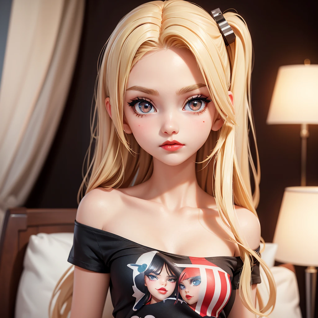 Surreal American Teen, blonde, tall, perfect Small body, sexy, Heavy makeup, Perfect slim face, Big Red Lips, Very cute face, , Big eyes, looks young, Mature appearance, 少し few clothes,tattoo,Asymmetrical shoulder print short sleeve T-shirt Women's tops Cut and sew tops , Are standing, , Front view,, Individuality,+3 View prompt Are standing, 3 View Drawings, Side and front and back, Character Sheet, whole body, Simple white background, Character Reference Sheet, Concept Art, Design Sheet, Character Design,Mature appearance,young,tattoo,