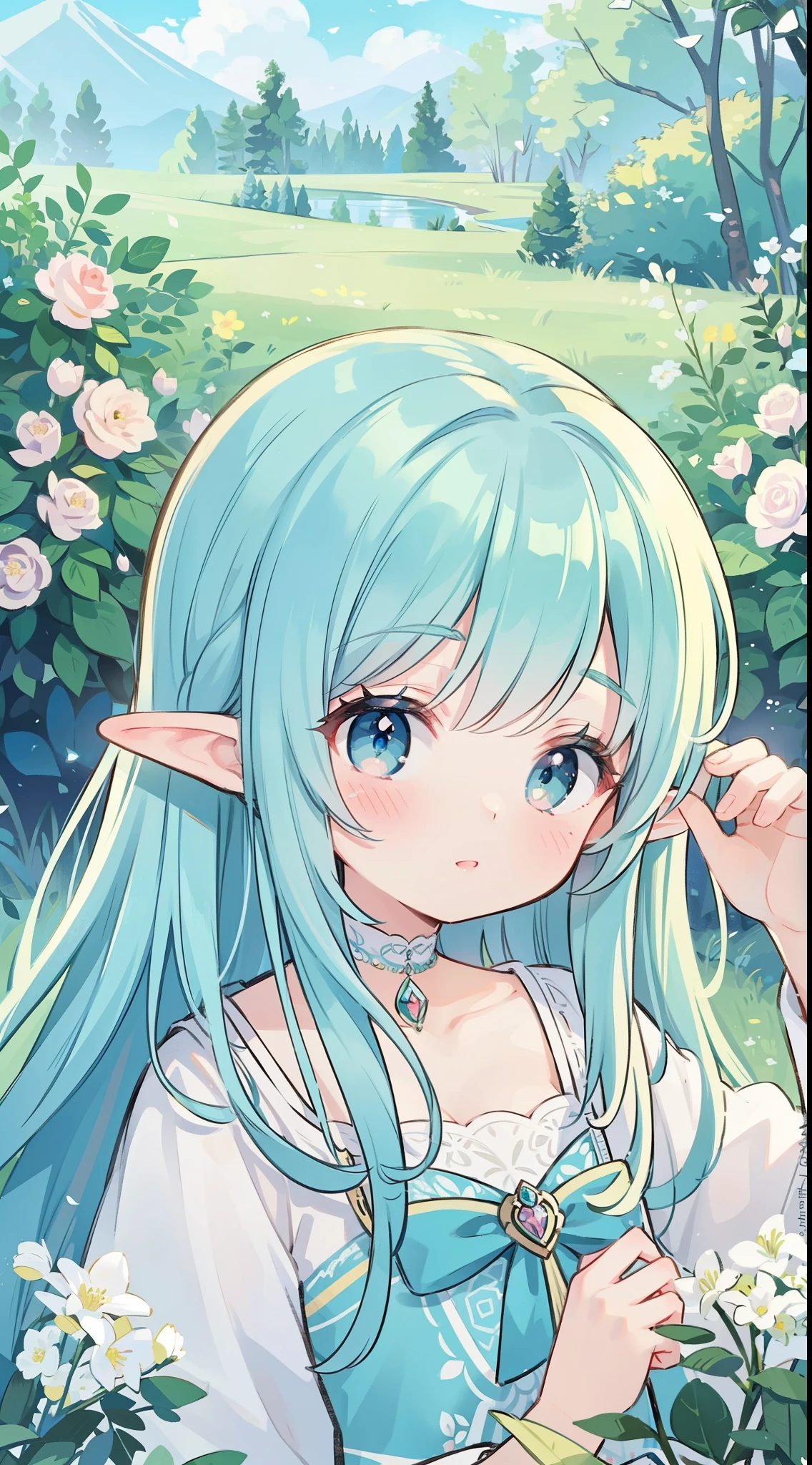 high quality, masterpiece, Delicate facial features, mint blue hair, Delicate eyes, Delicate hair, anime girl, deer antlers color hair, florals, Dreamy style, Fantastic flower garden, fantasy style clothing, Romantic dress, beautiful and elegant elf queen, Fantasy art style, Anime fantasy illustration, fey queen of the summer forest, anime art nouveau, goddess of the forest, portrait of an elf queen, A beautiful artwork illustration,8K high quality detailed art(Delicate facial portrayal)(Fine hair depiction)(highest quality)(masterpiece) 8k wallpaper,masterpiece, Best quality at best, ultra - detailed